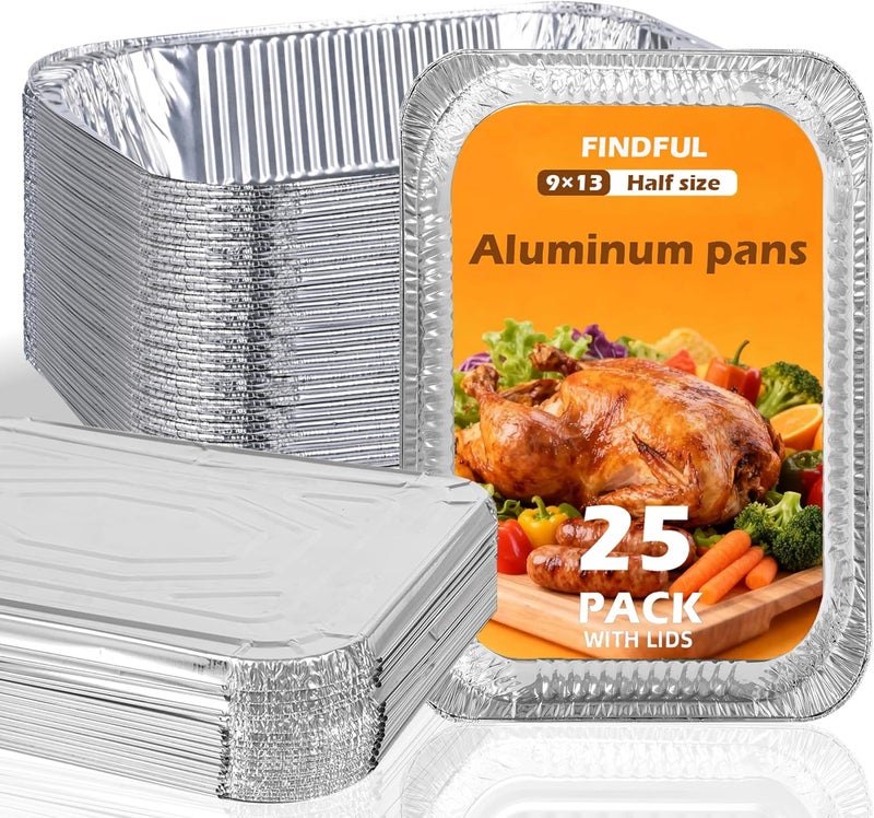 Findful Aluminum Pans with Lids 9x13 (25 Pack) – Foil Pans, Aluminum Trays for Cooking, Baking, Storing & Prepping Food – Tin Foil Pan, Disposable Baking Pan – Heavy-Duty, Leak-Proof & Oven-Safe - Image 1
